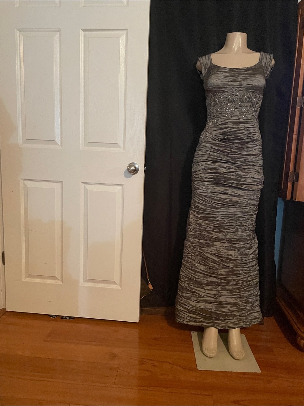 Gray Ruched Maxi Dress with Beaded Waistband
